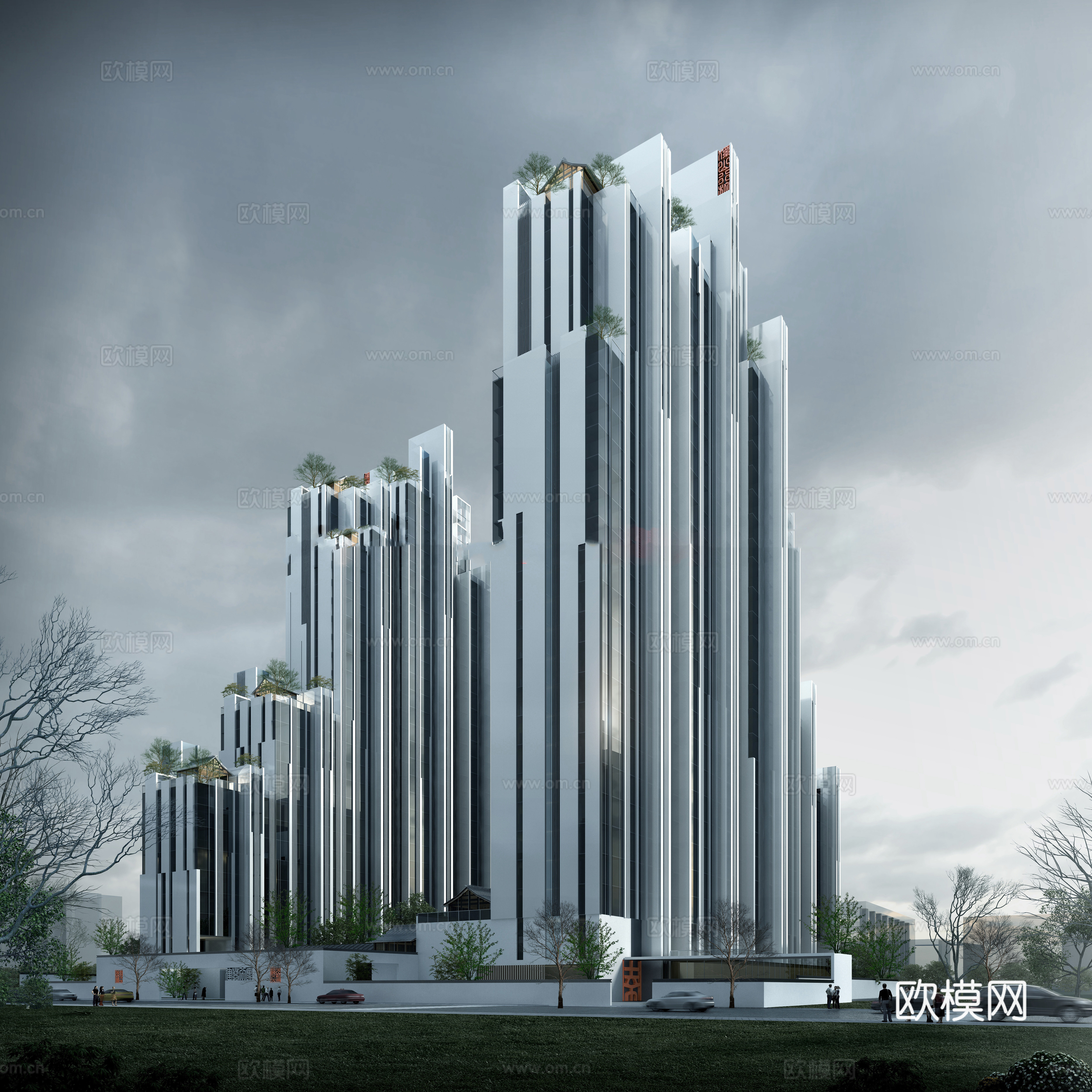 新中式高层住宅楼外观su模型下载