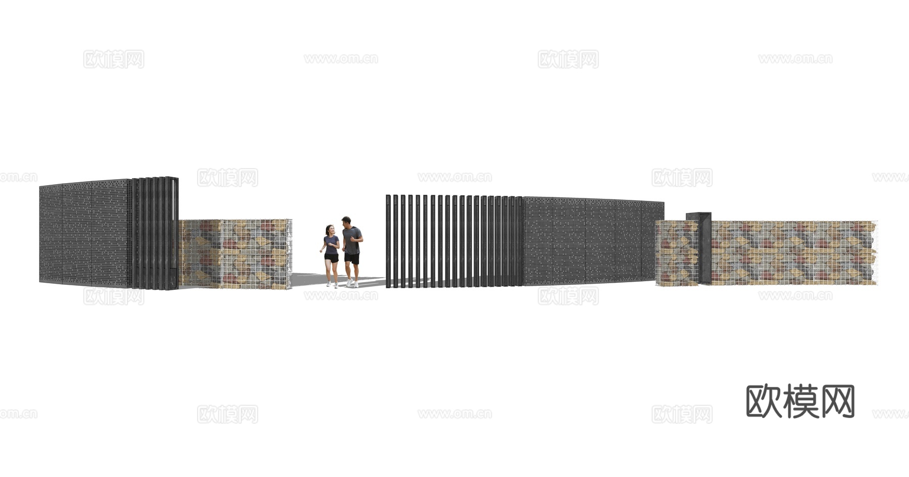现代金属石笼景墙围墙su模型下载