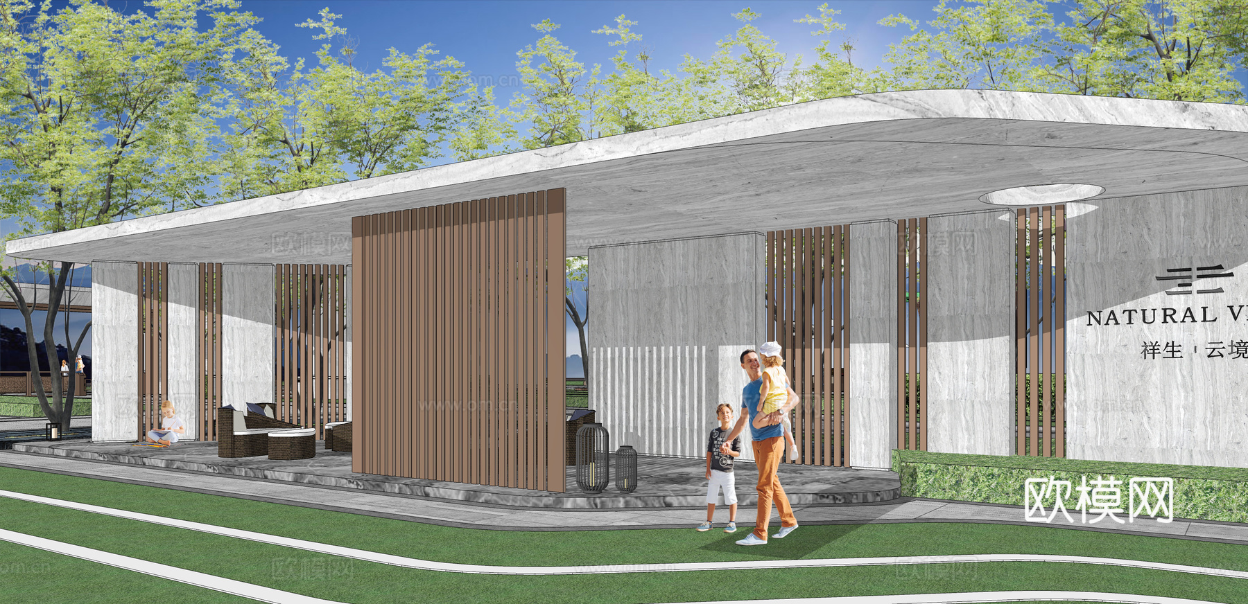 现代住宅小区休闲廊架su模型下载