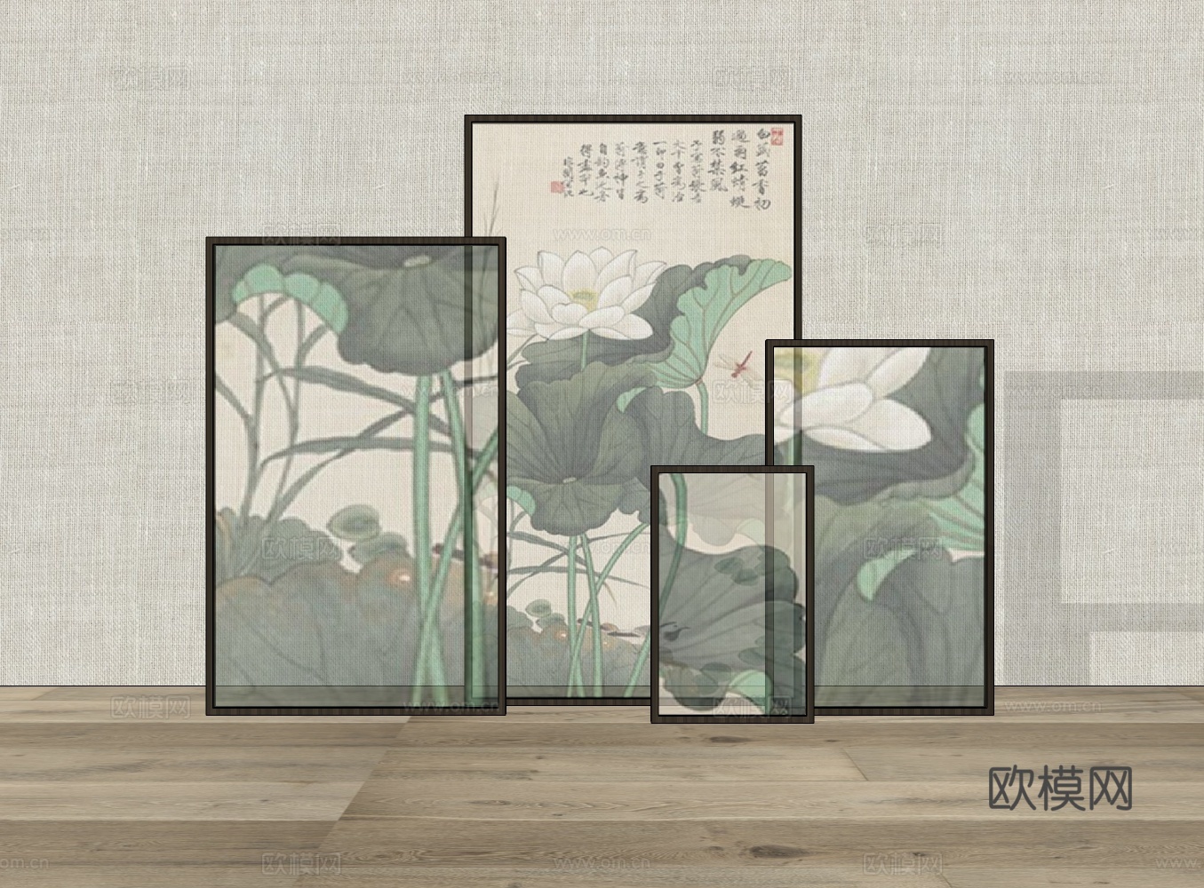 新中式荷花装饰画su模型下载