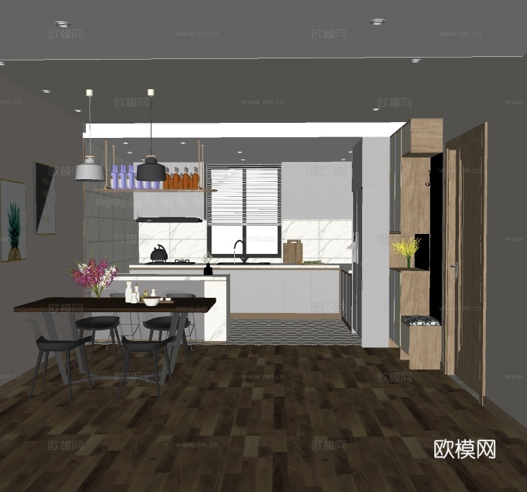 北欧餐厅厨房su模型下载