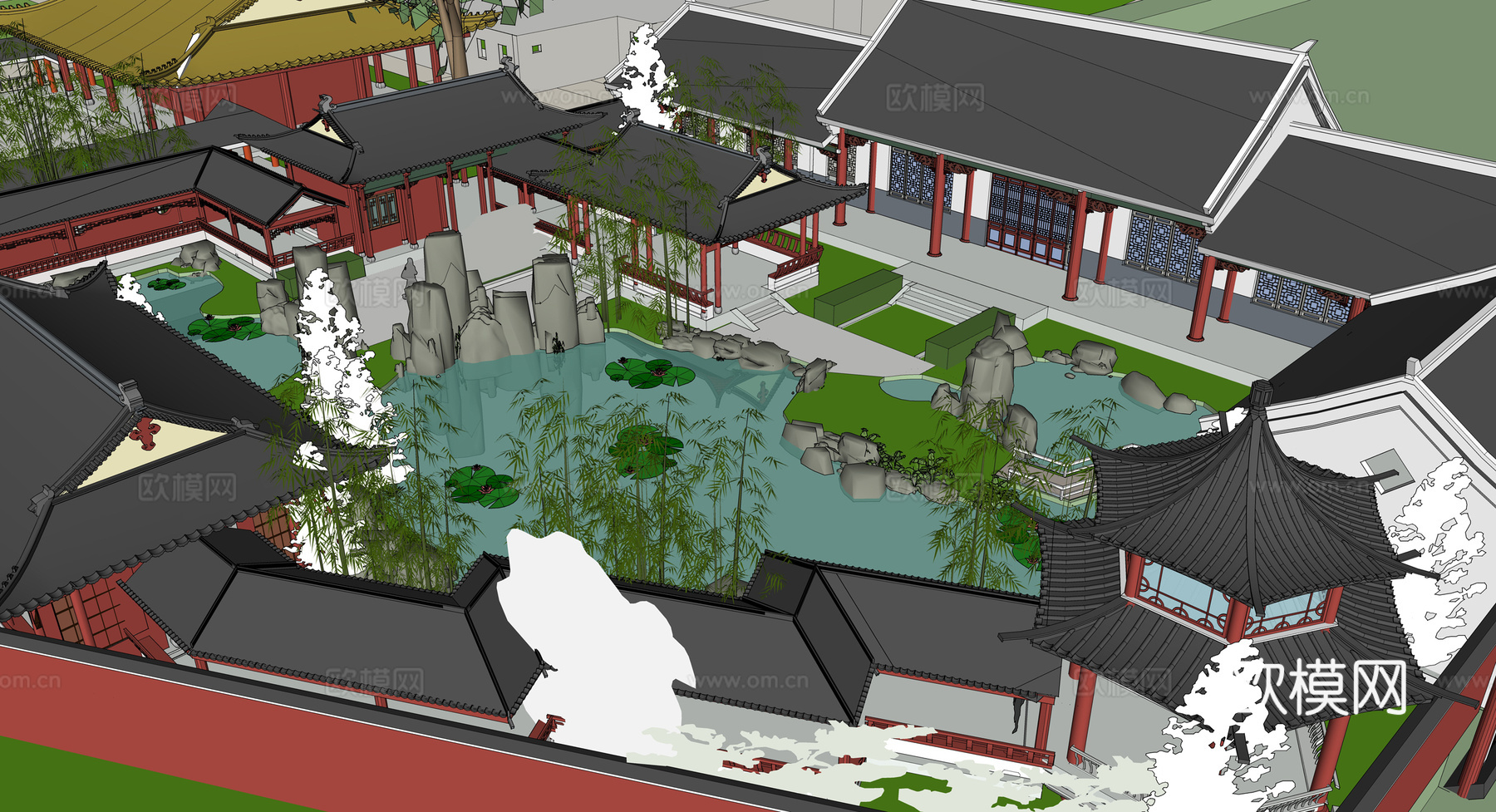 中式古建园林景观su模型下载