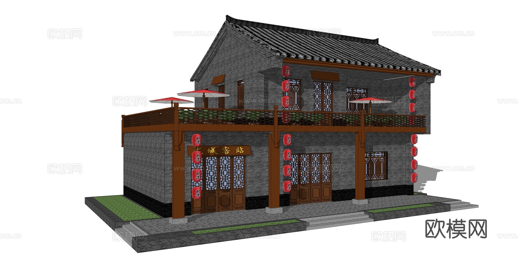 中式古建民宿外观su模型下载
