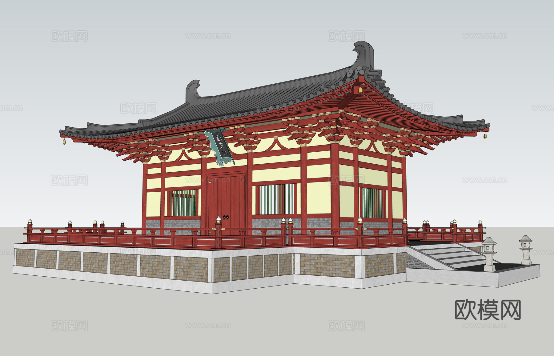 中式古建大殿外观su模型下载