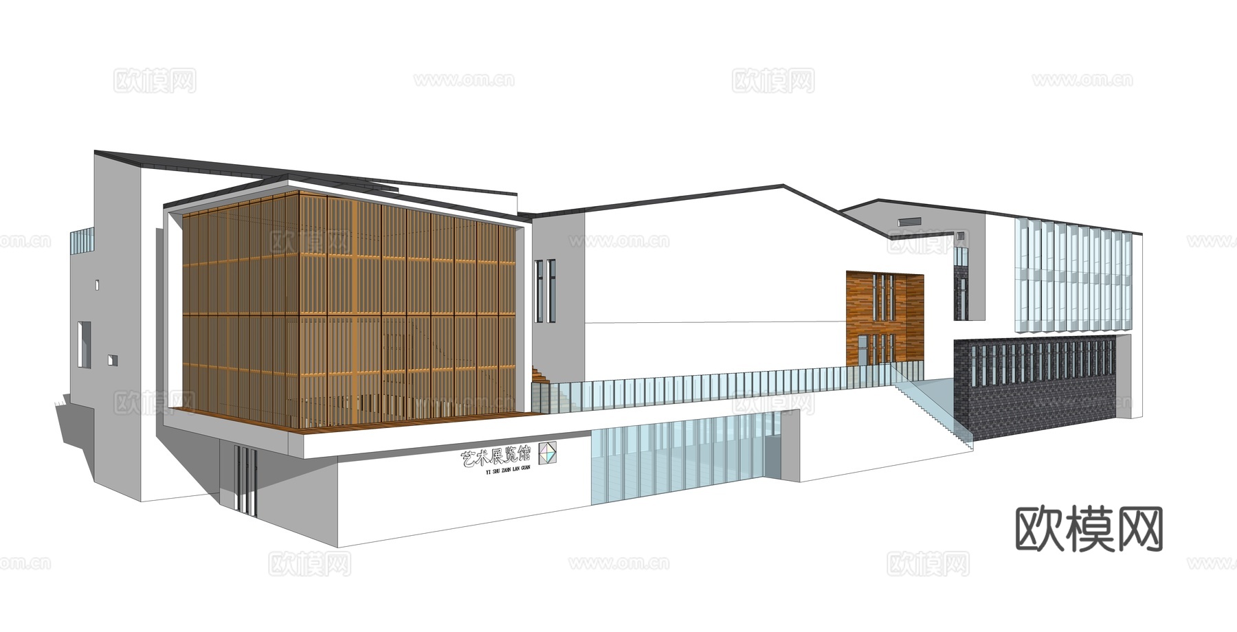 新中式展览馆建筑外观su模型下载