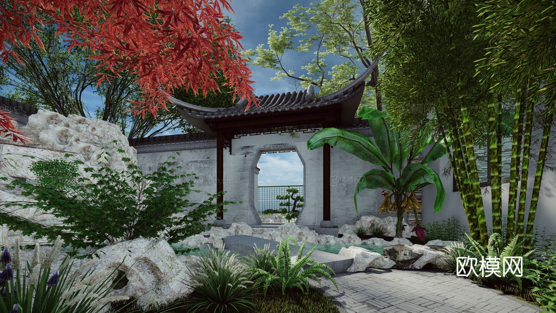 新中式庭院花园su模型下载