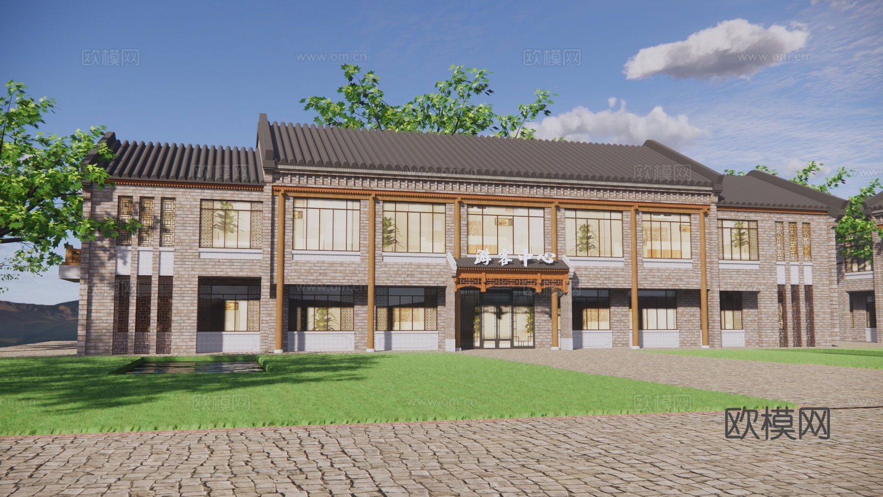 新中式游客中心建筑外观su模型下载