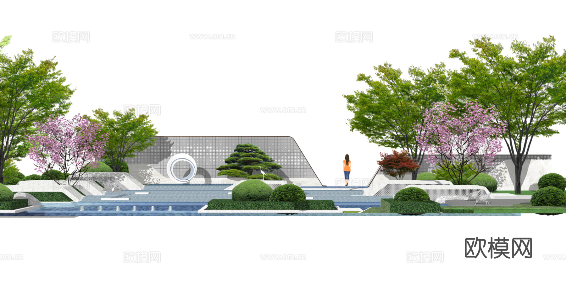 新中式景墙水景小品su模型下载