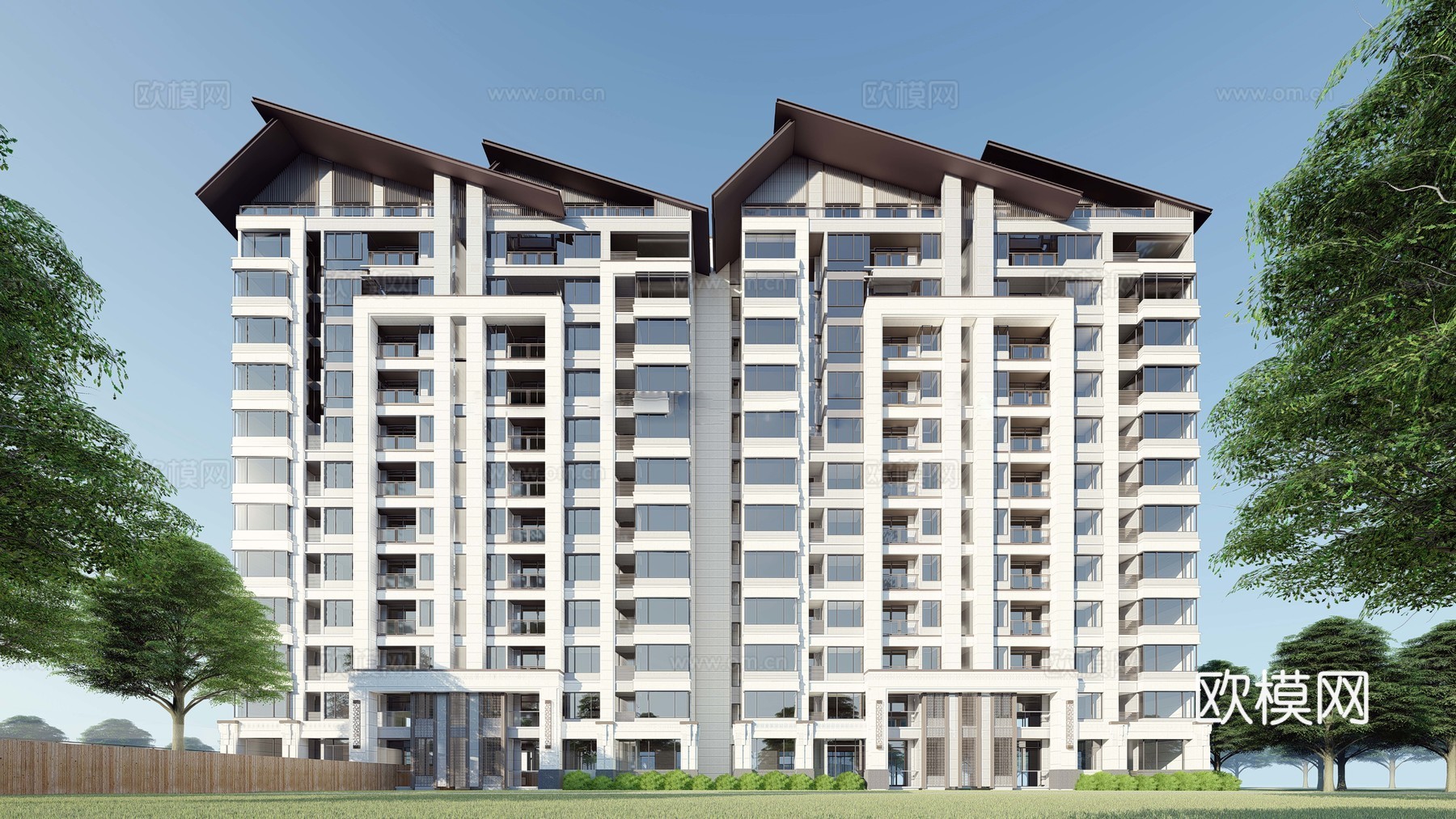 新中式住宅小区外观su模型下载