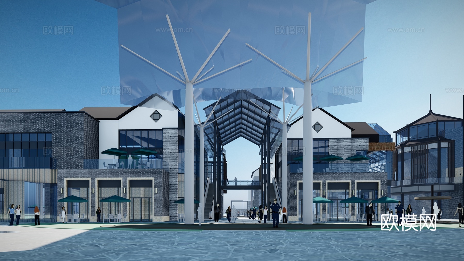 新中式商业街su模型下载下载（渲染图1）