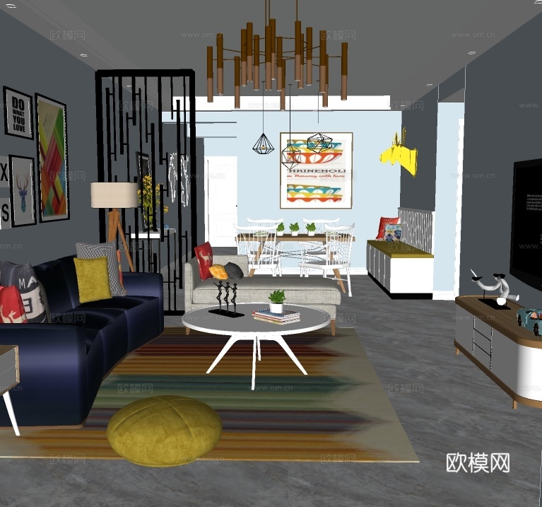北欧客厅餐厅su模型下载