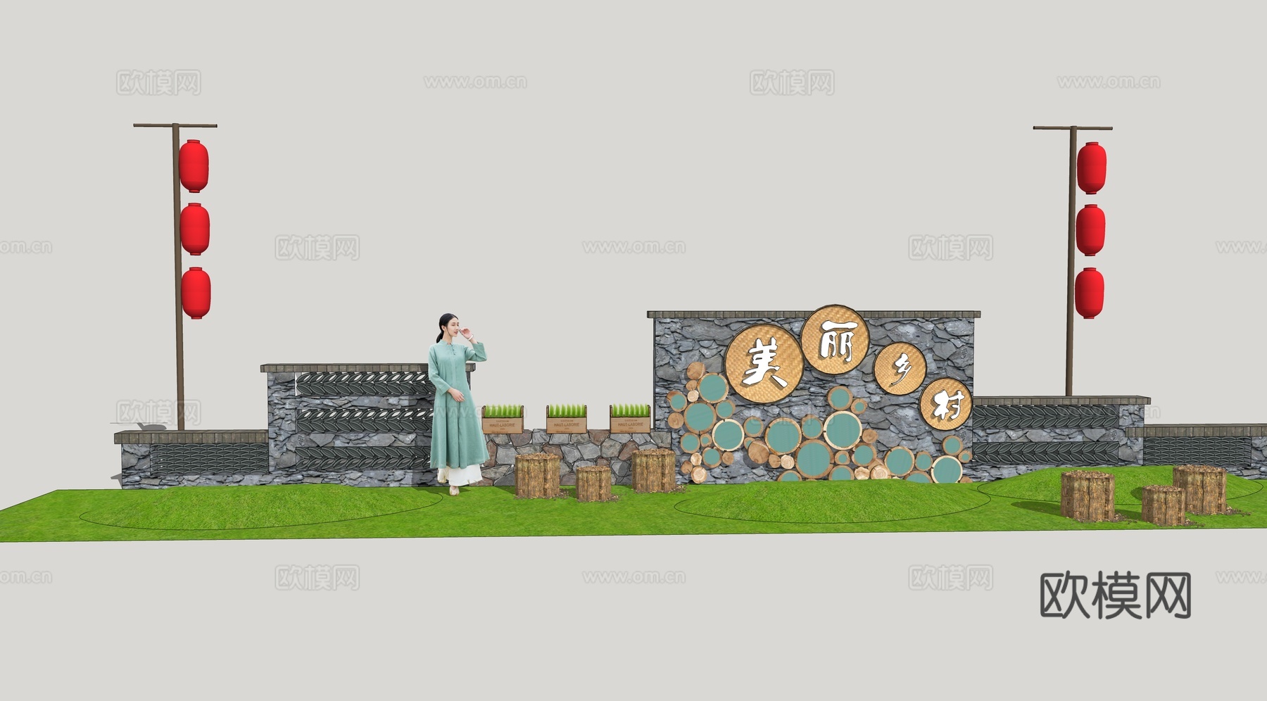 新中式乡村民俗文化景墙su模型下载