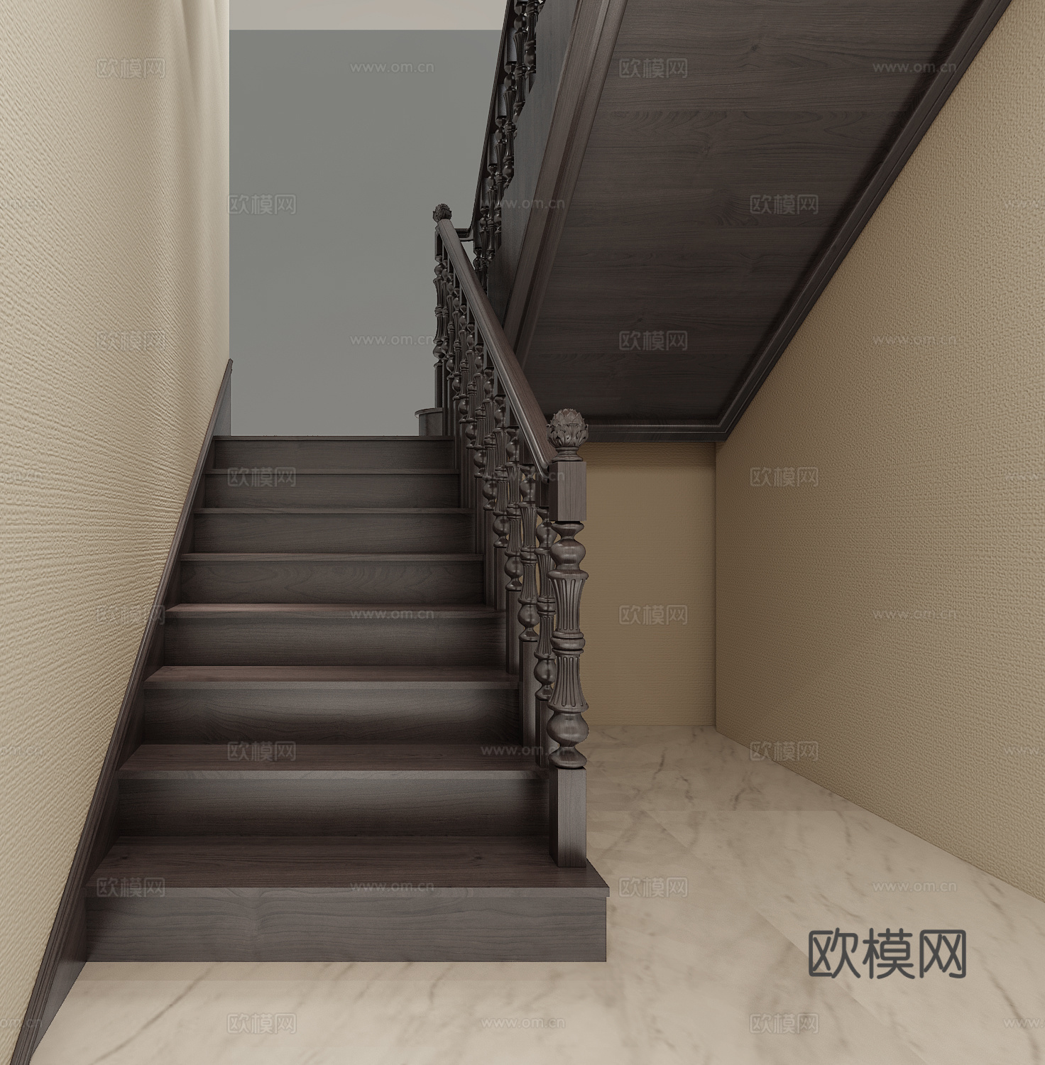简欧别墅 黑胡桃木艺楼梯3d模型
