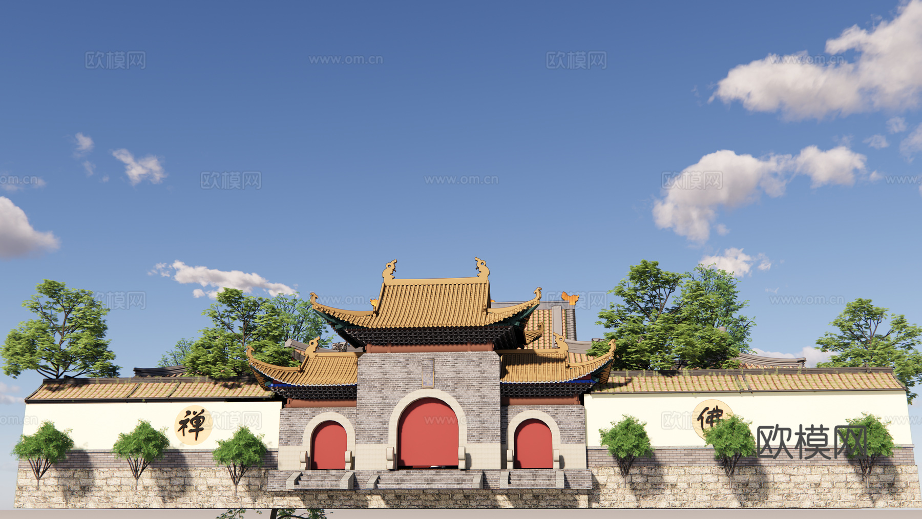 中式古建寺庙外观su模型下载