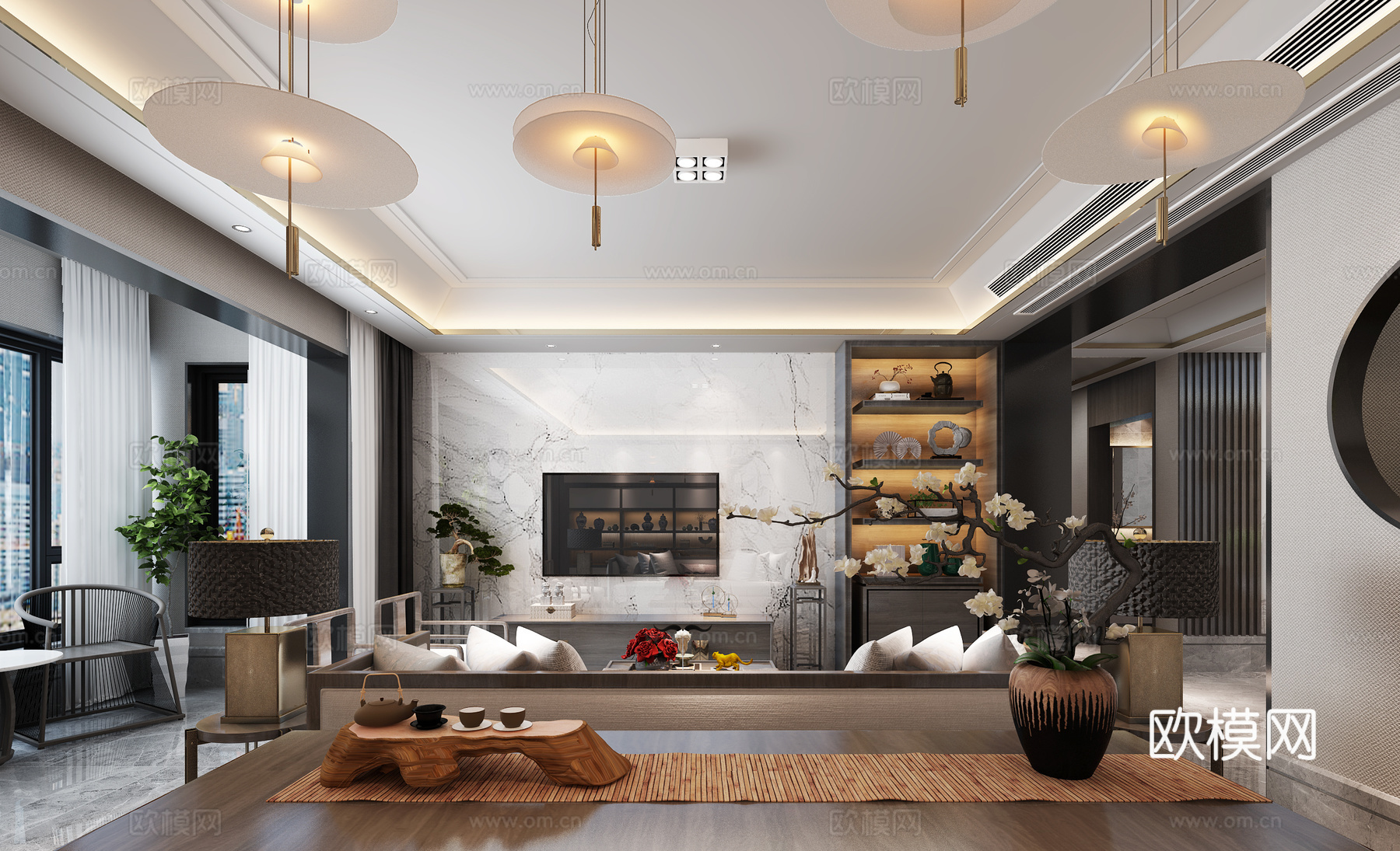 新中式样板间 客厅 餐厅3d模型