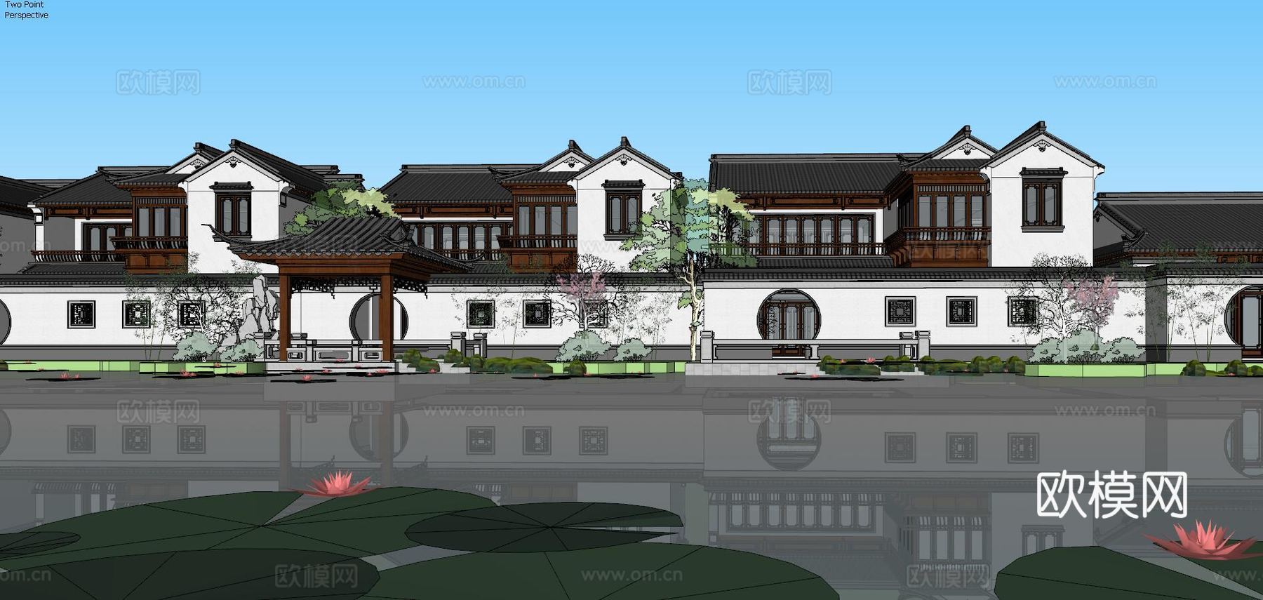 中式古建联排别墅外观su模型下载