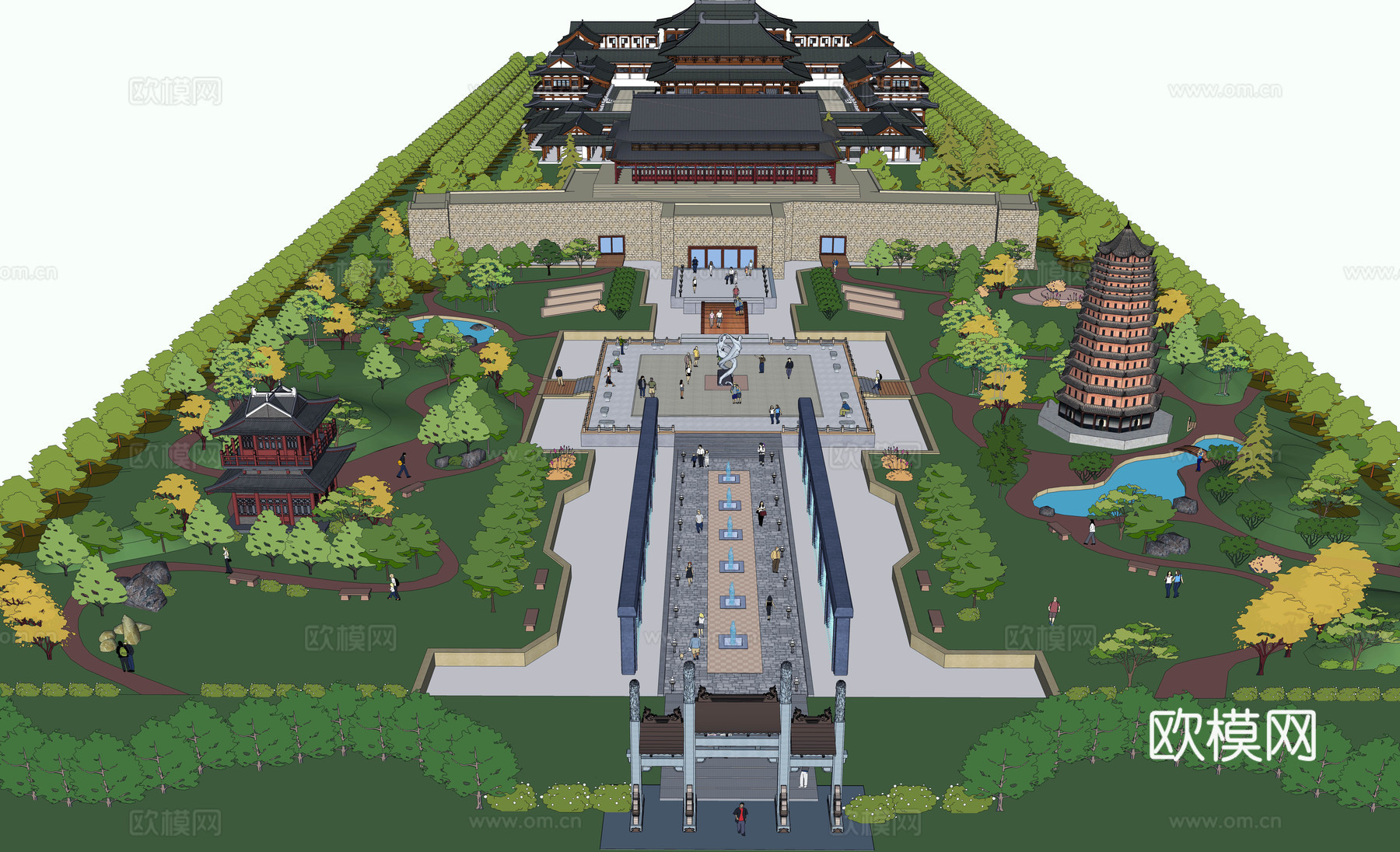 中式古建主题公园su模型下载