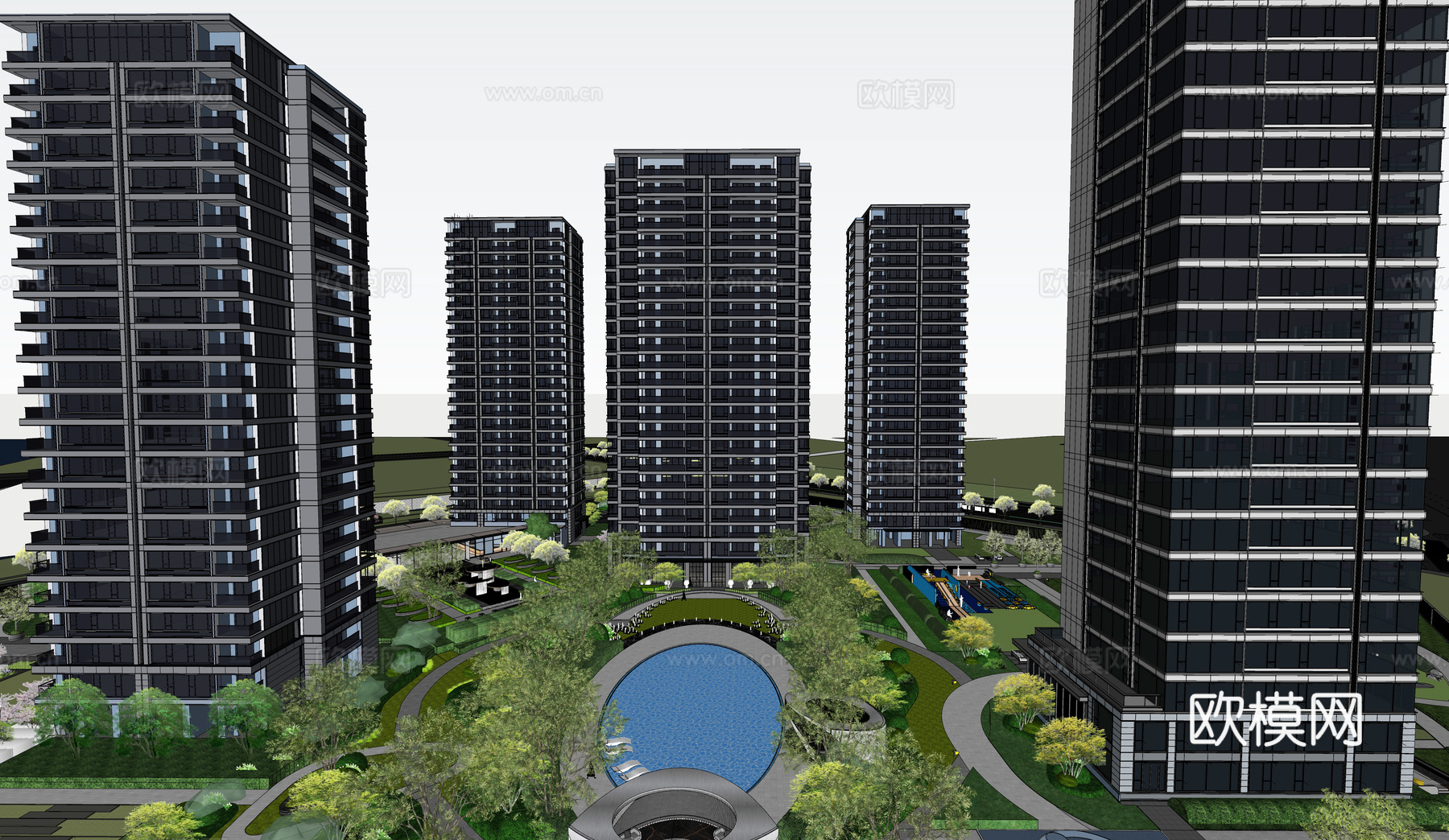 现代高层住宅小区建筑外观su模型下载