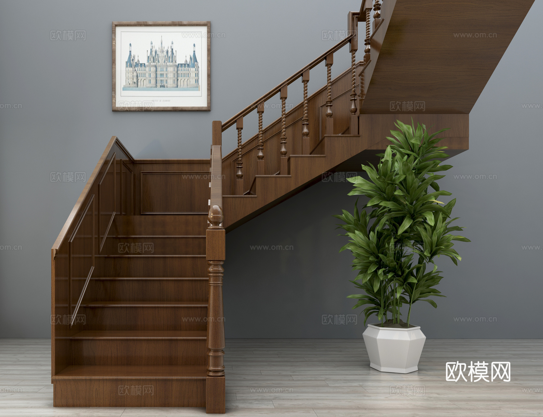 美式楼梯 栏杆3d模型