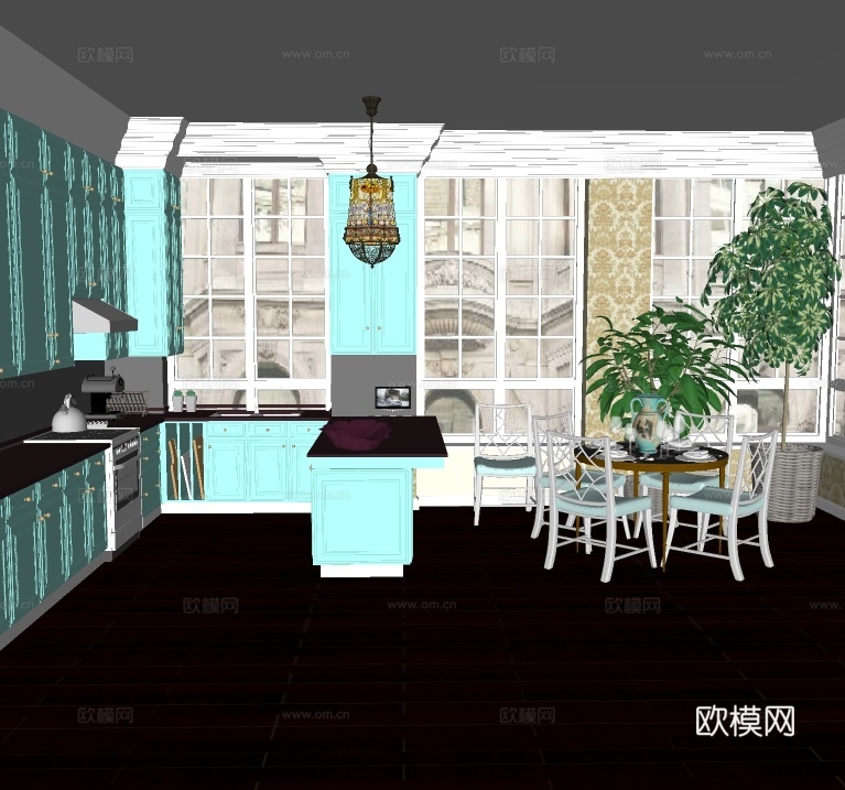 美式厨房餐厅su模型下载