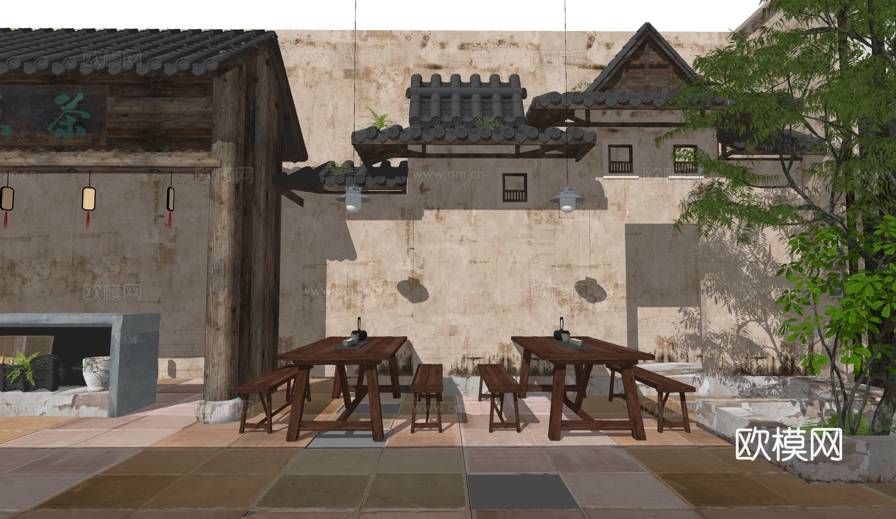 中式古建庭院su模型下载