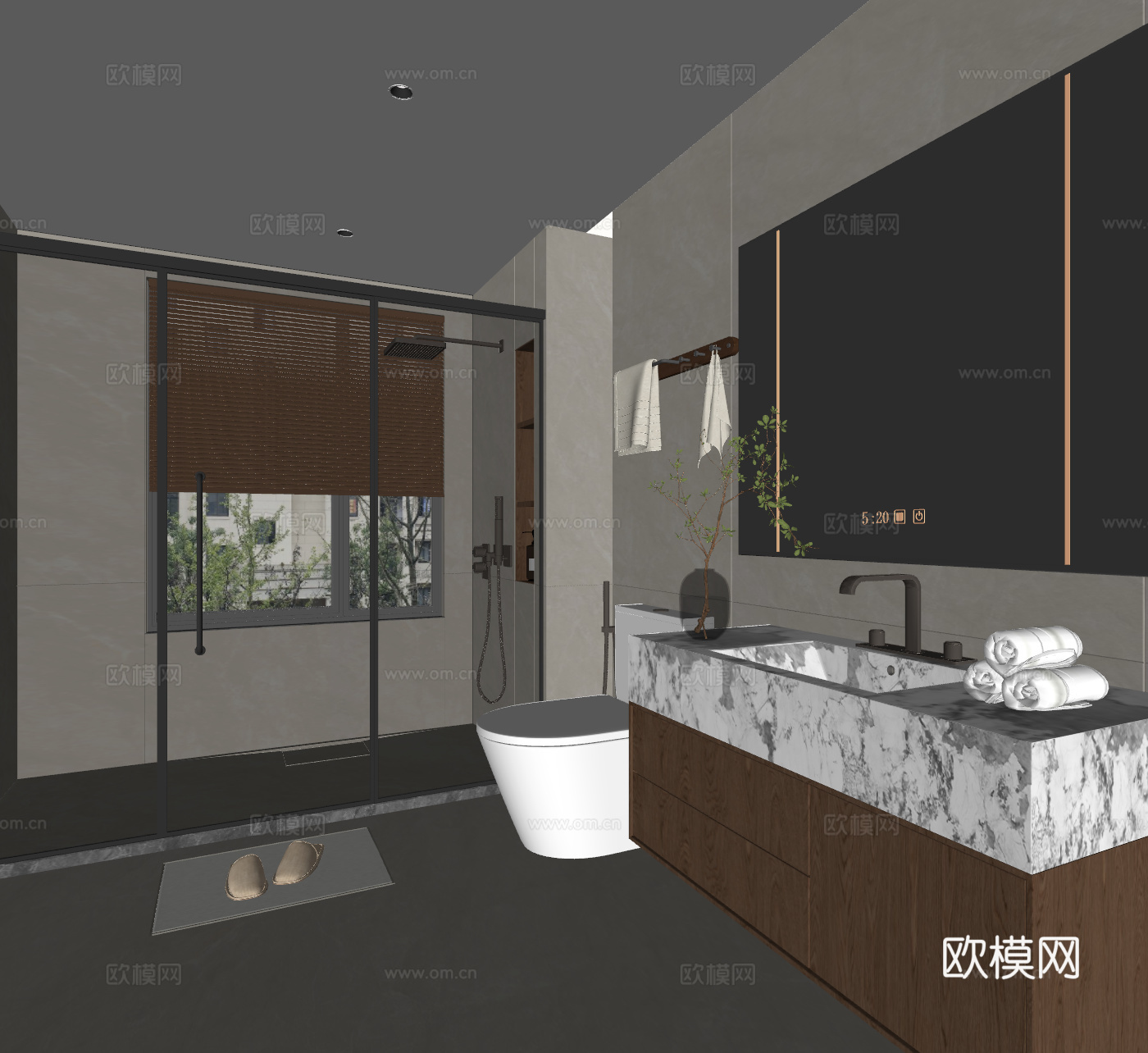 现代中古风卫生间 浴室柜 马桶 花洒 毛巾架su模型