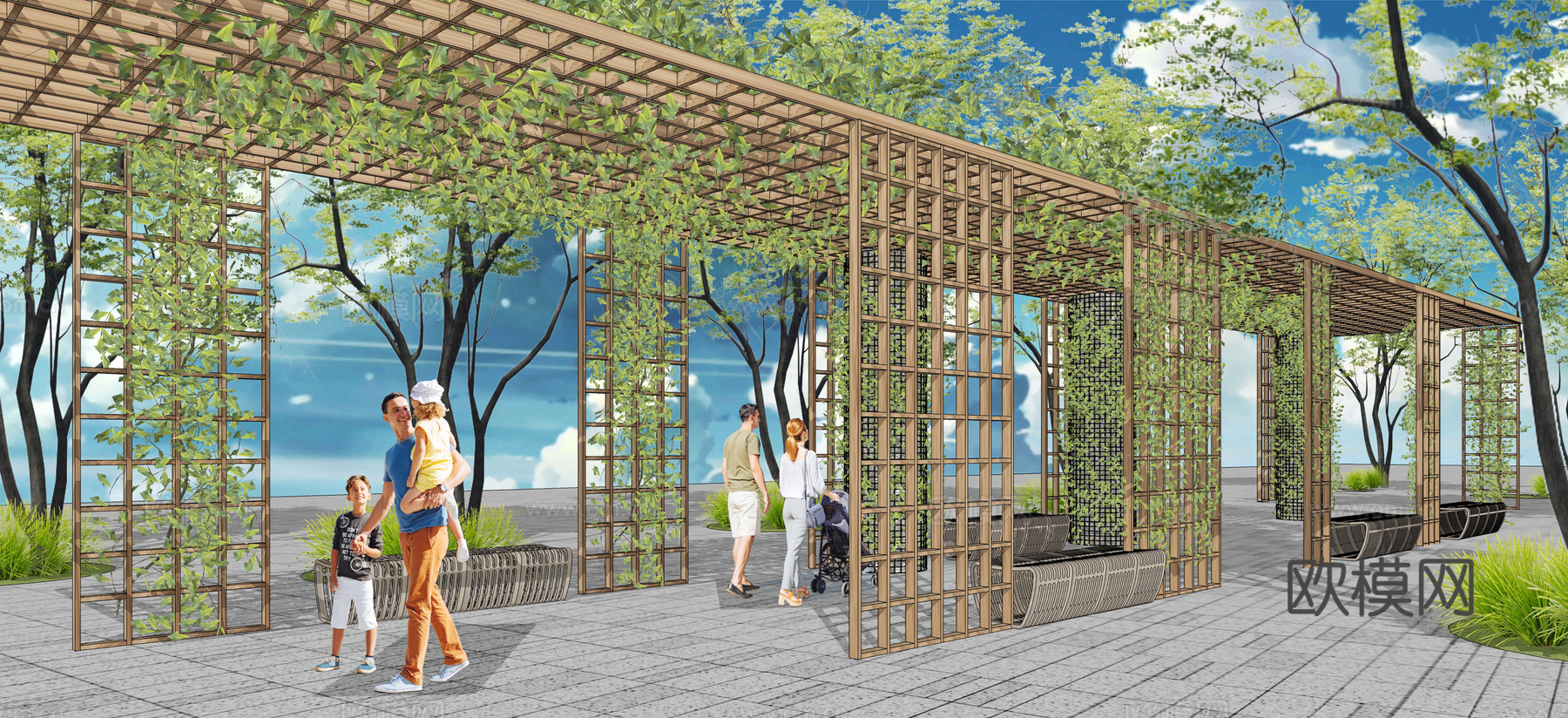 现代攀爬植物景观廊架su模型下载