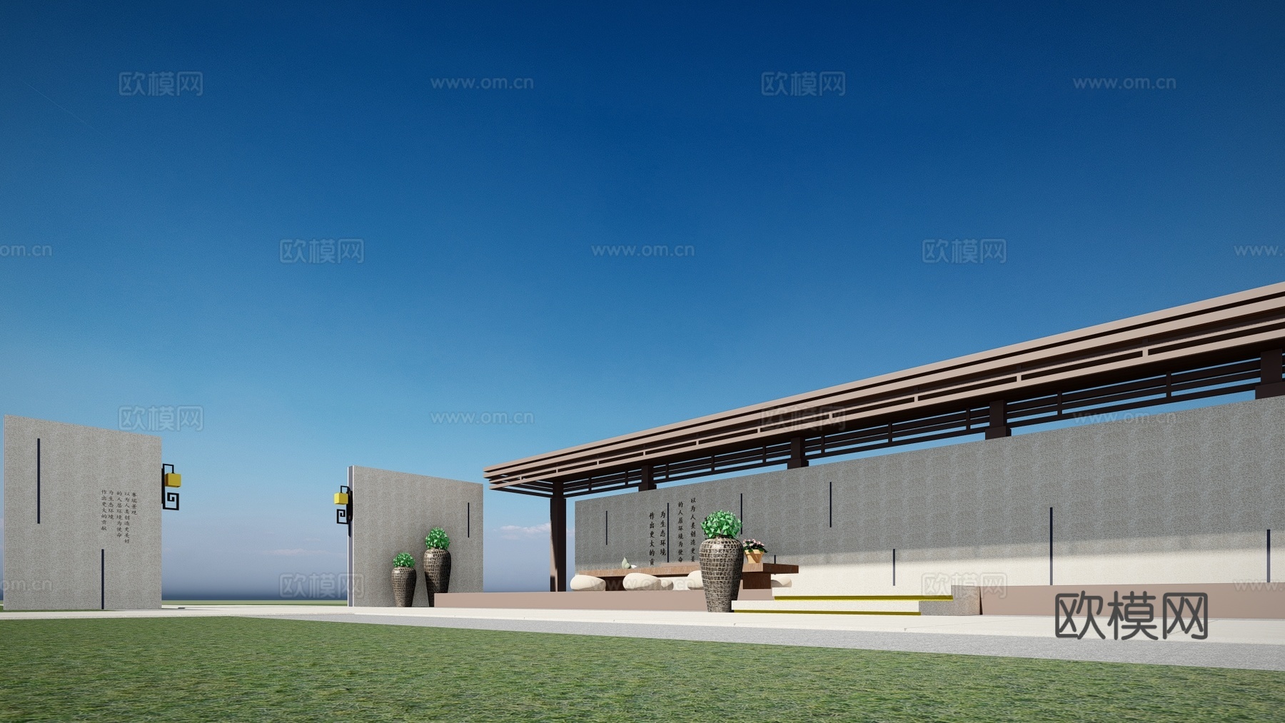 新中式景观墙廊架su模型下载