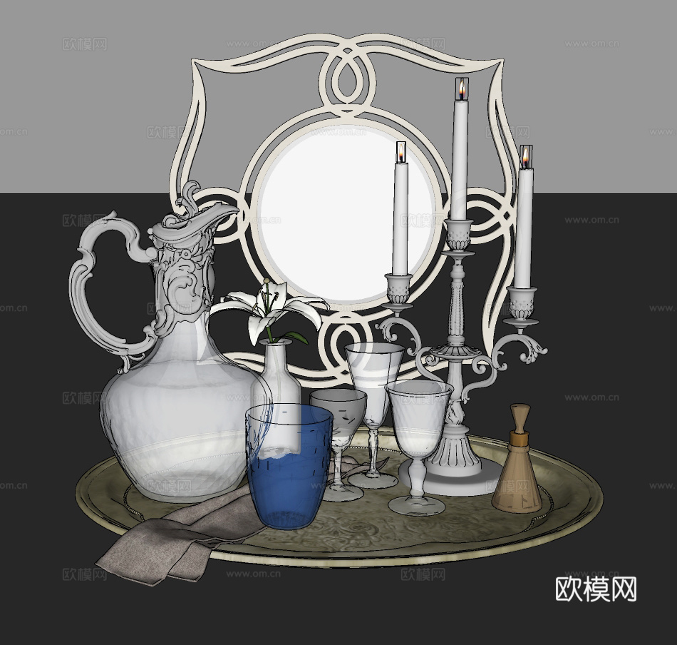 欧式烛台水壶玻璃杯托盘餐具su模型下载