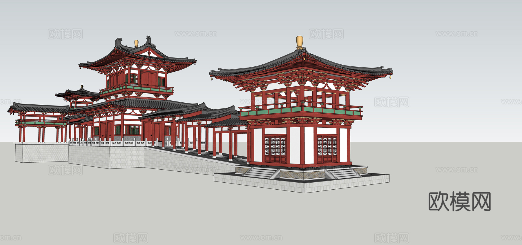中式连廊古建外观su模型下载