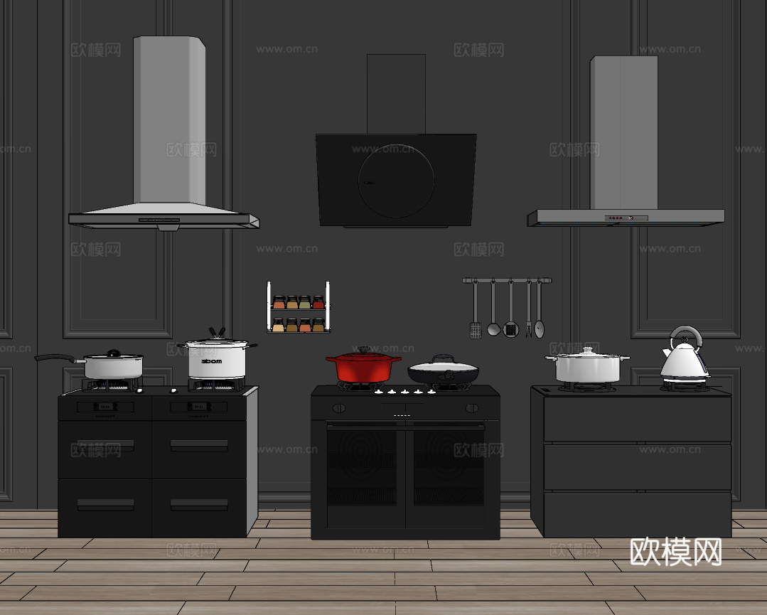 现代吸油烟机集成炉灶su模型下载