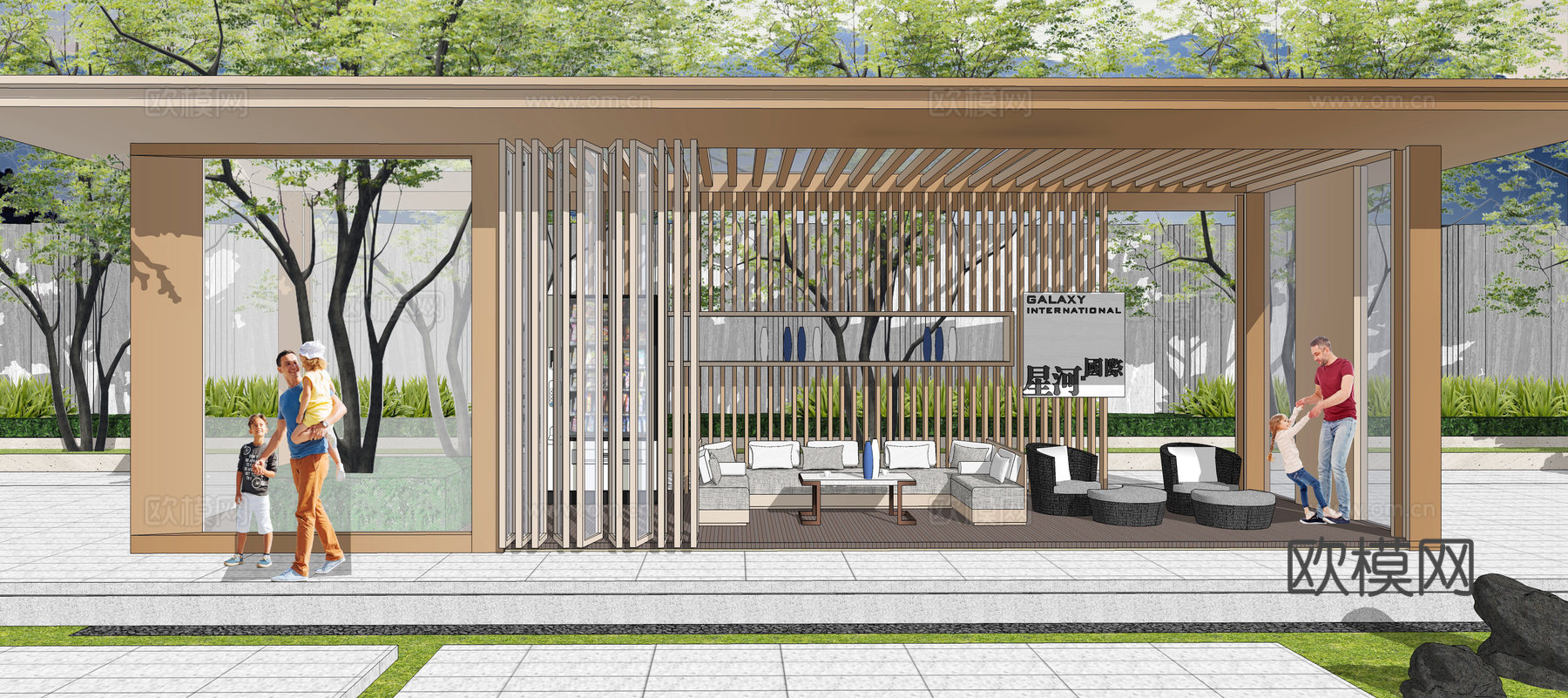 现代住宅小区景观廊架su模型下载