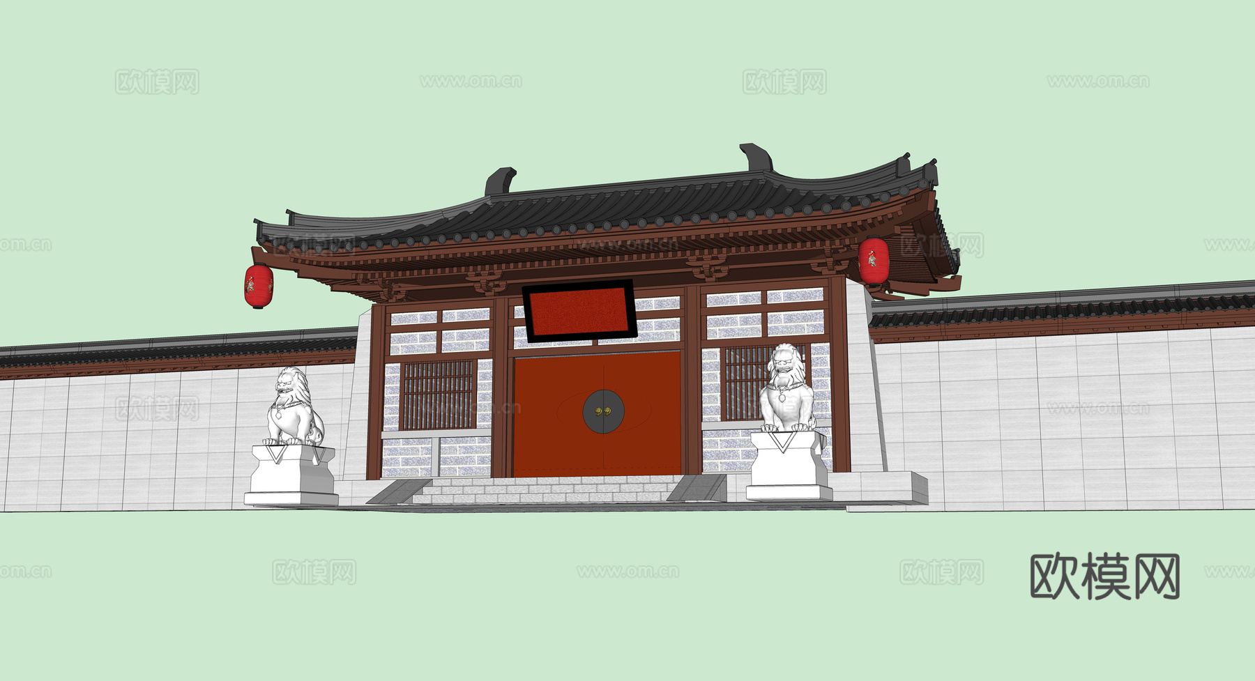 中式古建院墙大门su模型下载
