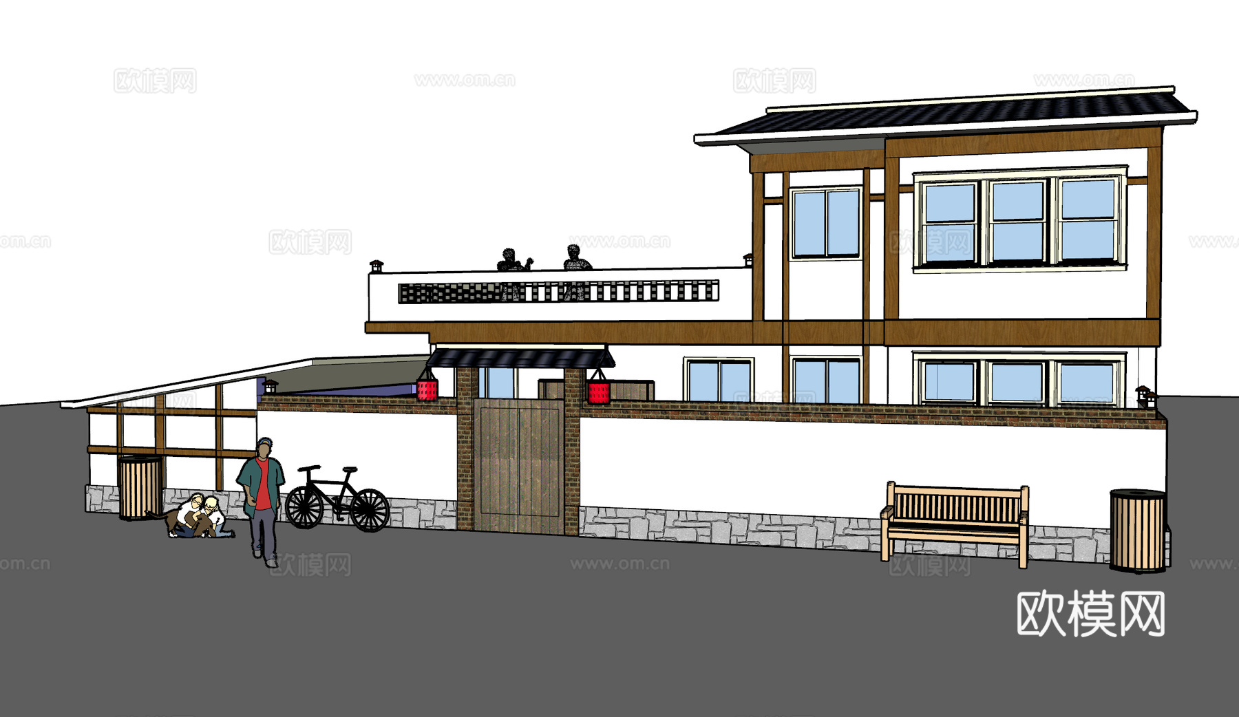 新中式乡村民居建筑外观su模型下载