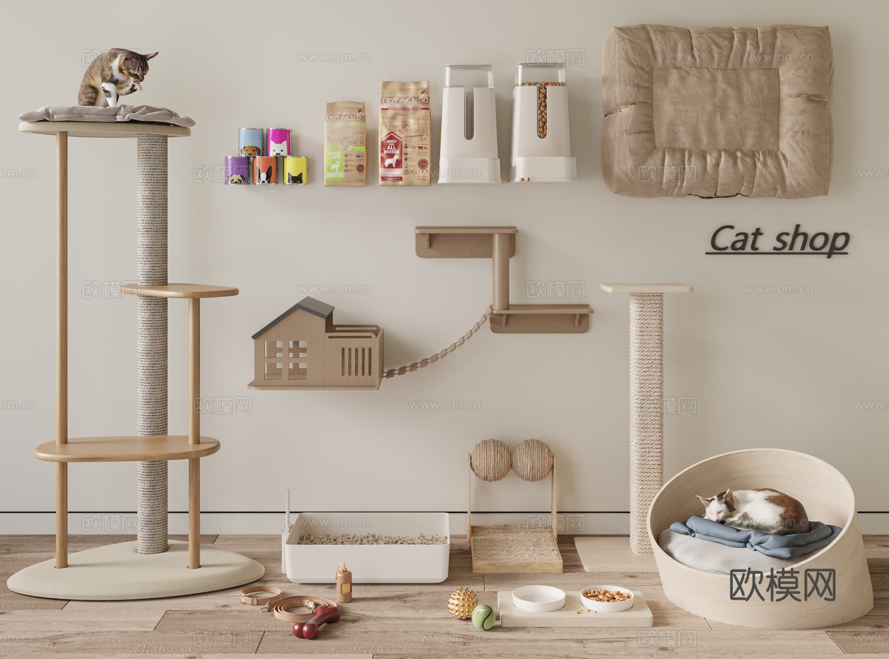 现代猫爬架 猫抓板 猫咪用品 宠物用品 猫粮桶 猫窝su模型