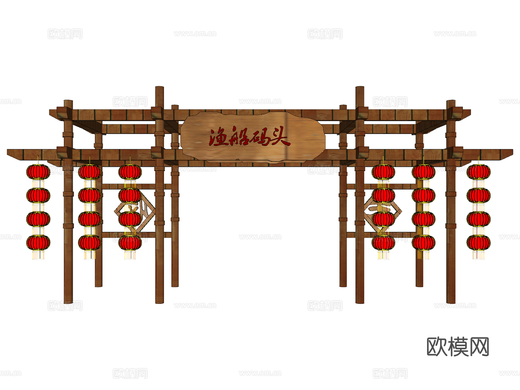 中式渔船码头门头su模型下载