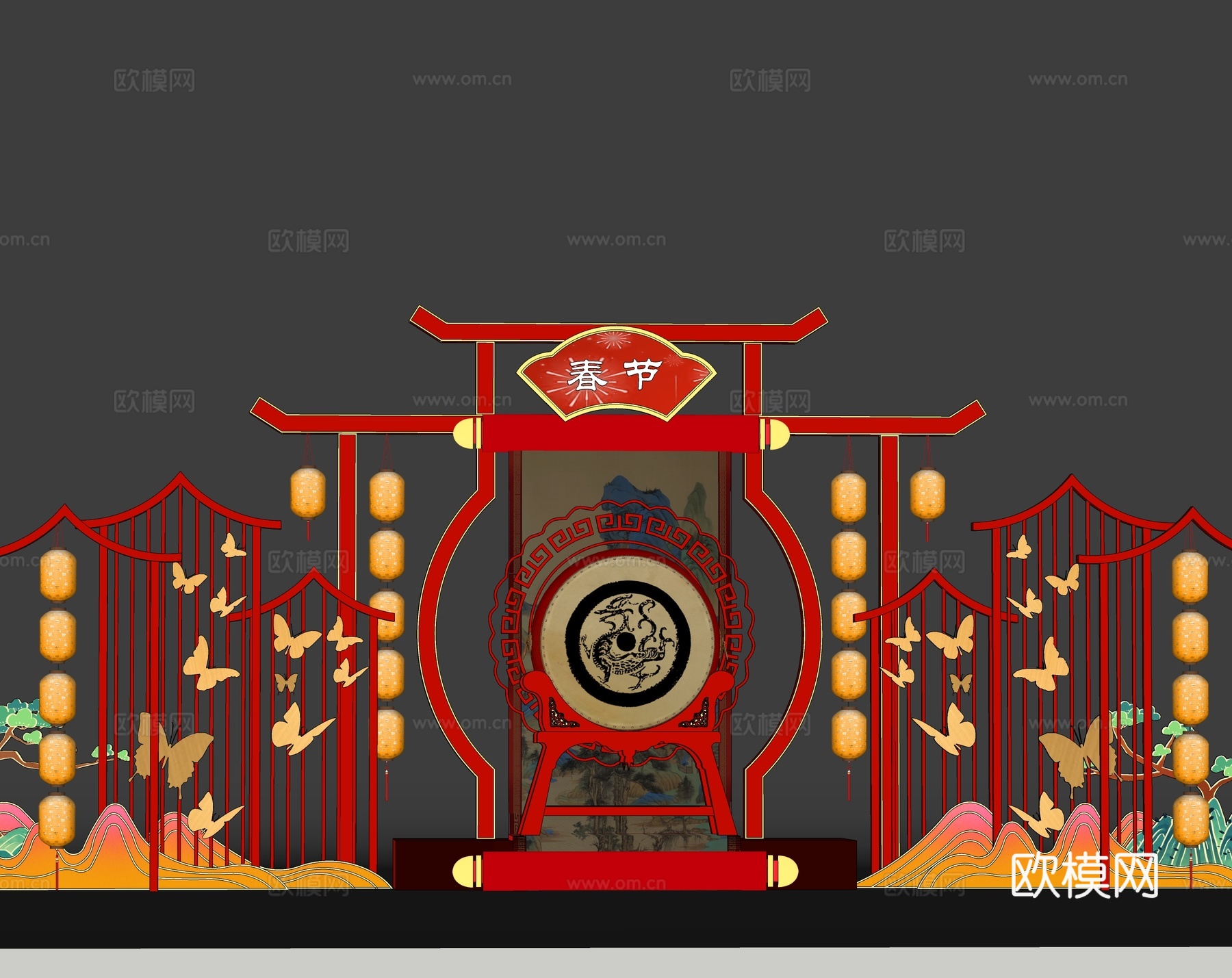 新中式春节美陈 灯笼互动拍照打卡su模型