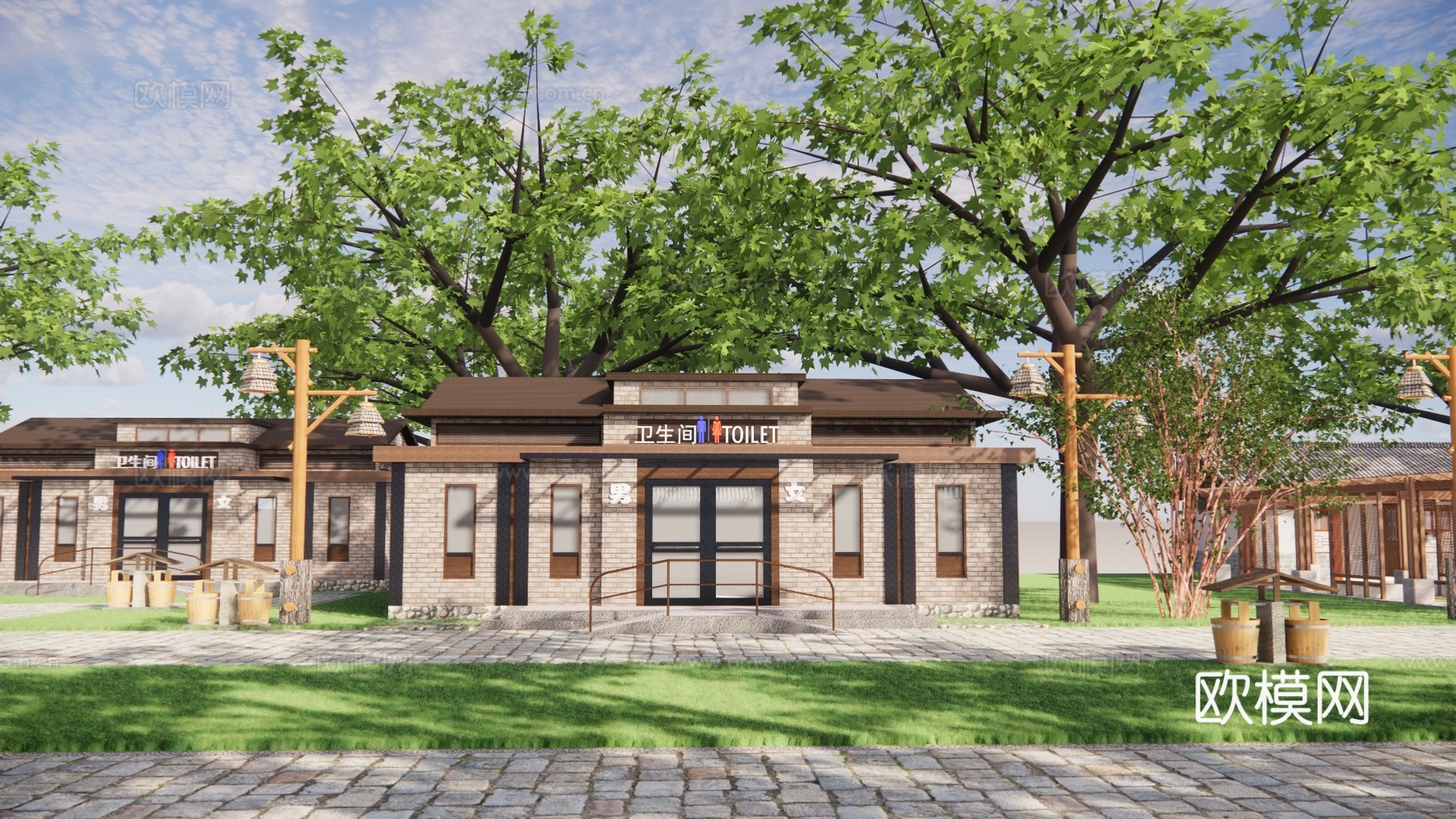 新中式公厕建筑外观su模型下载