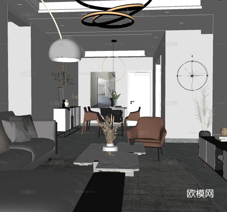现代客餐厅su模型下载