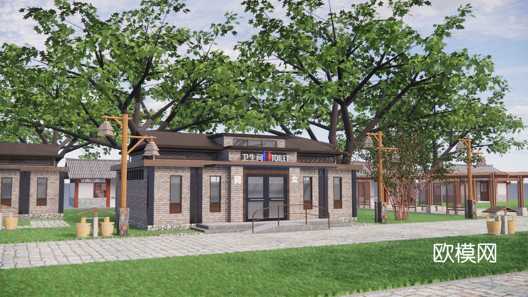 新中式公厕建筑外观su模型下载