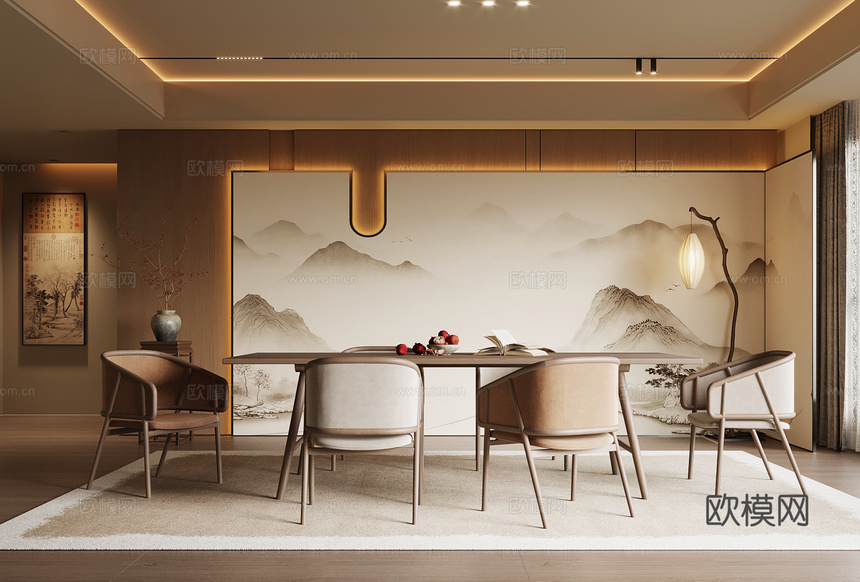 新中式餐廳 餐桌椅3d模型下載