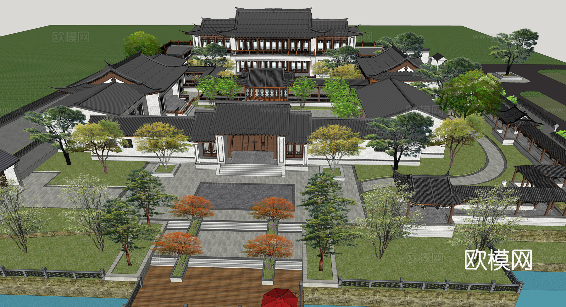 中式古建别墅外观su模型下载