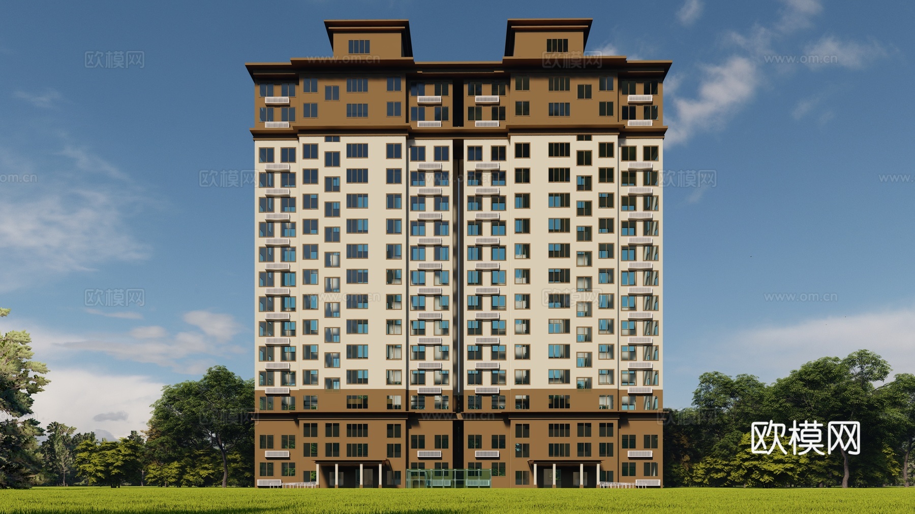 新中式住宅楼建筑外观su模型下载