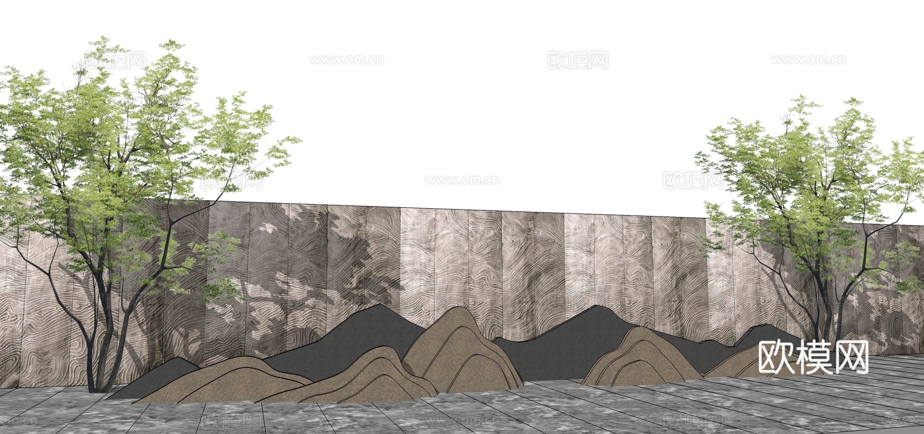 新中式山水景观墙su模型下载