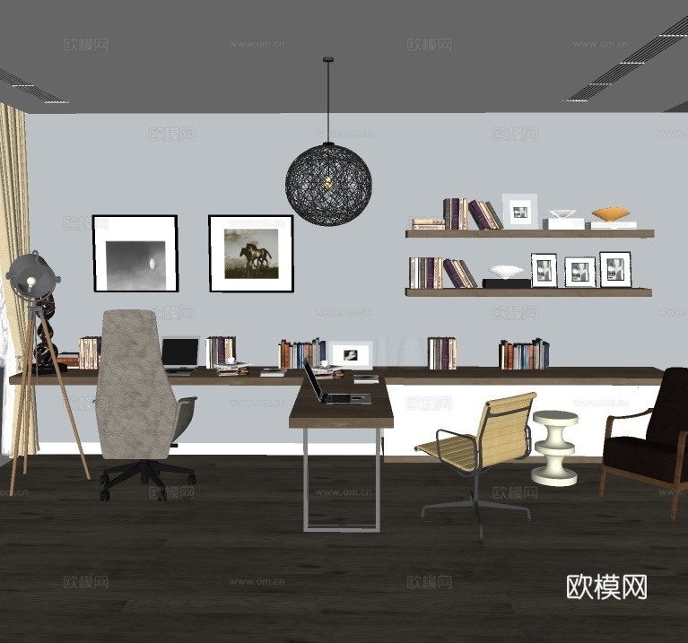 现代书房su模型下载