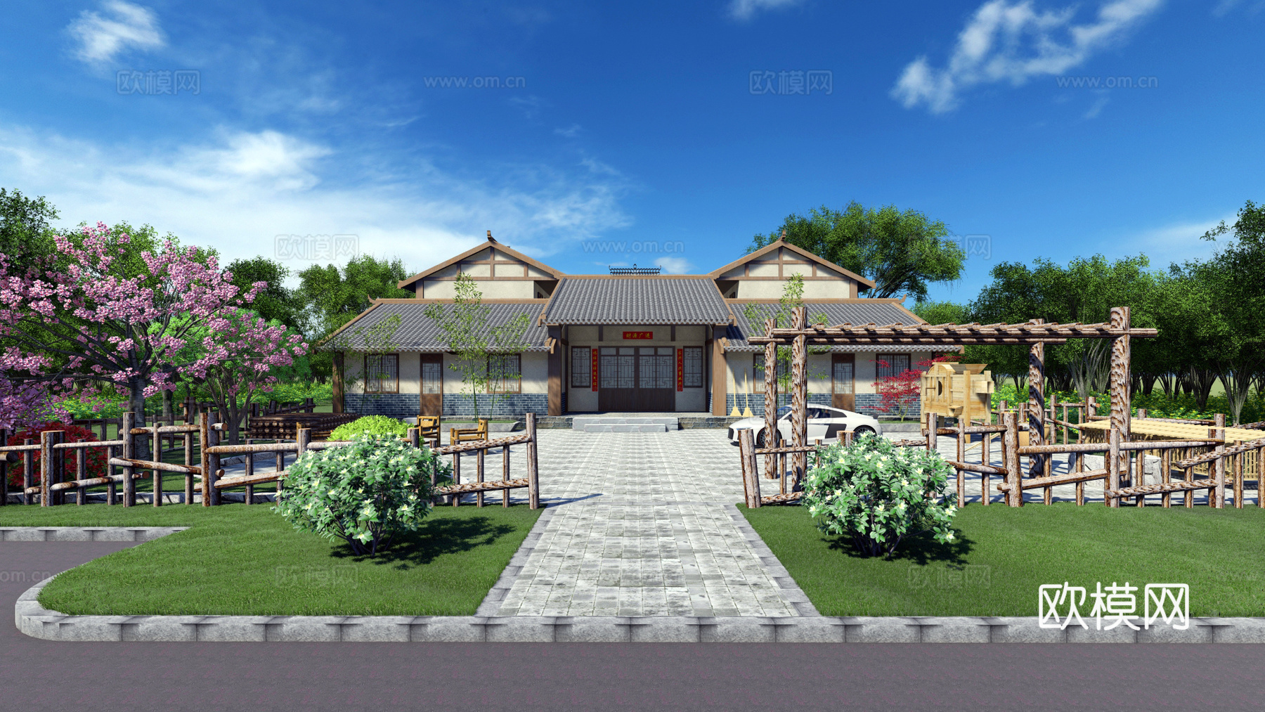 新中式古建民宿农家乐su模型下载