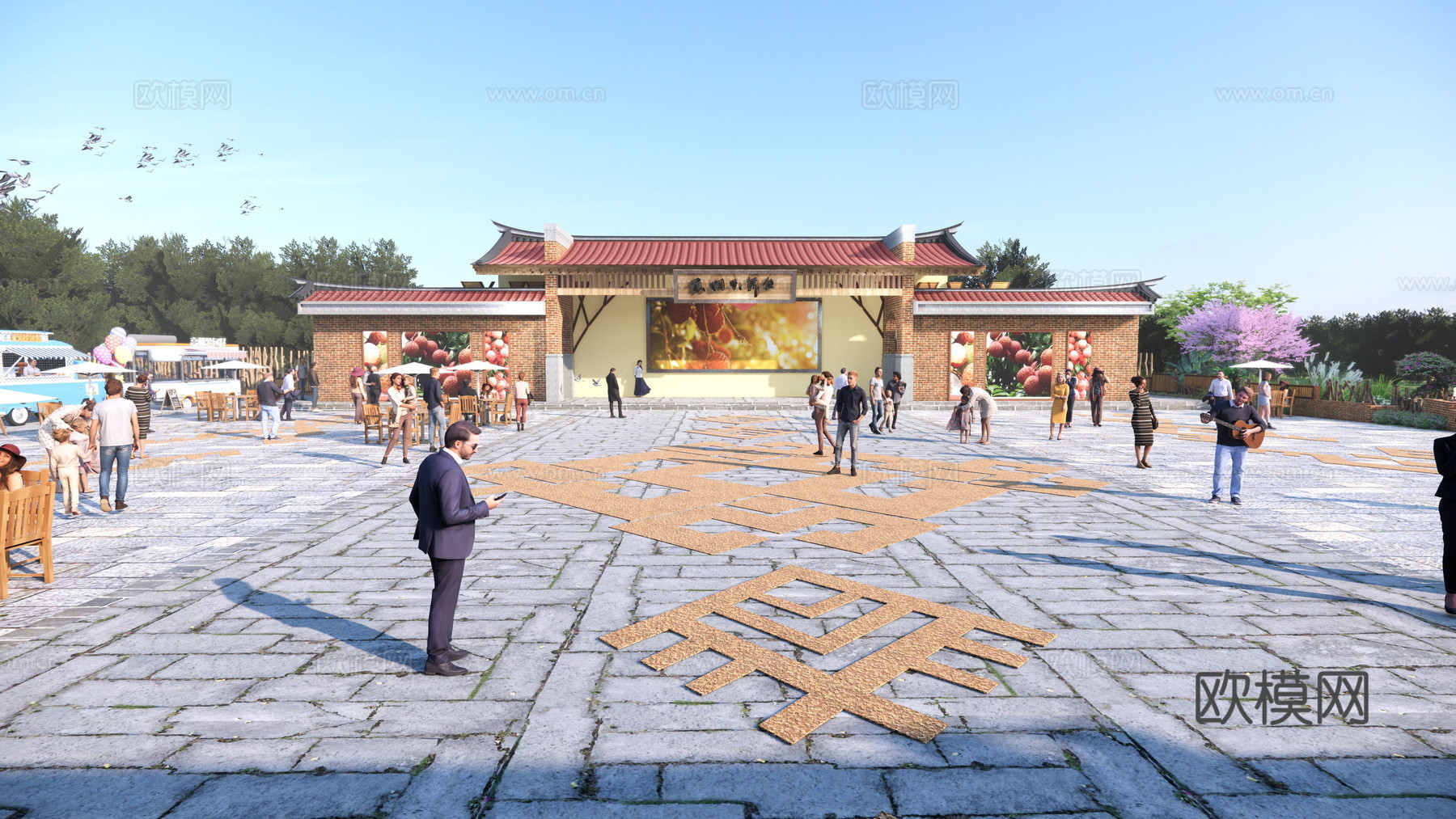 新中式展览馆外观su模型下载