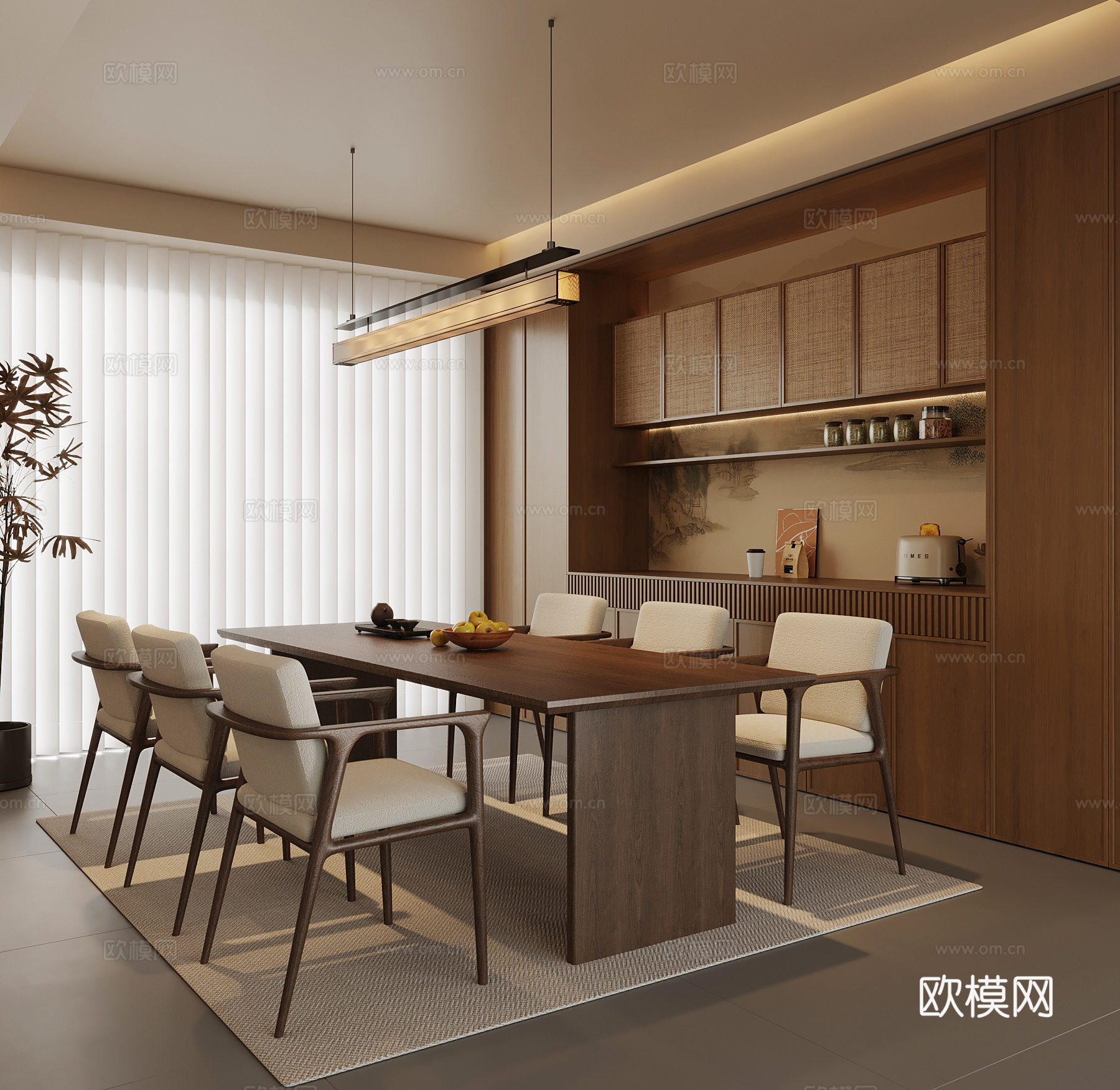 新中式餐厅 餐桌椅 酒柜3d模型
