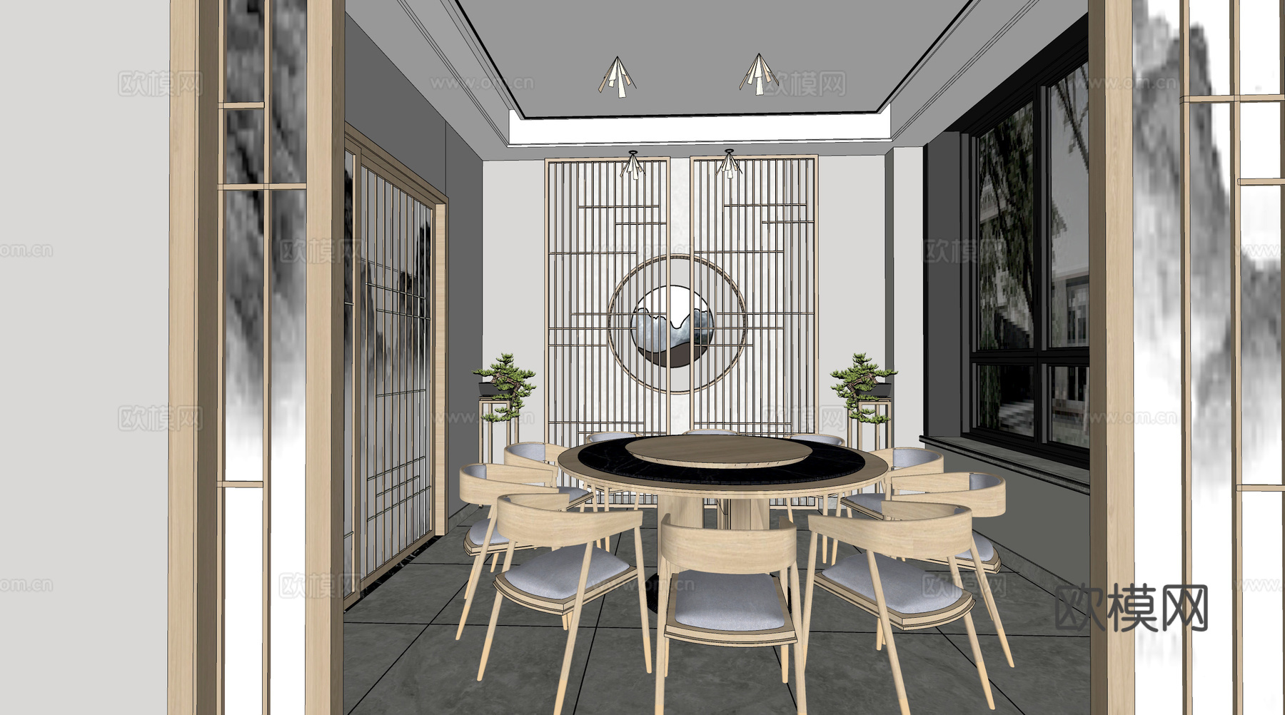 新中式餐厅包房su模型下载
