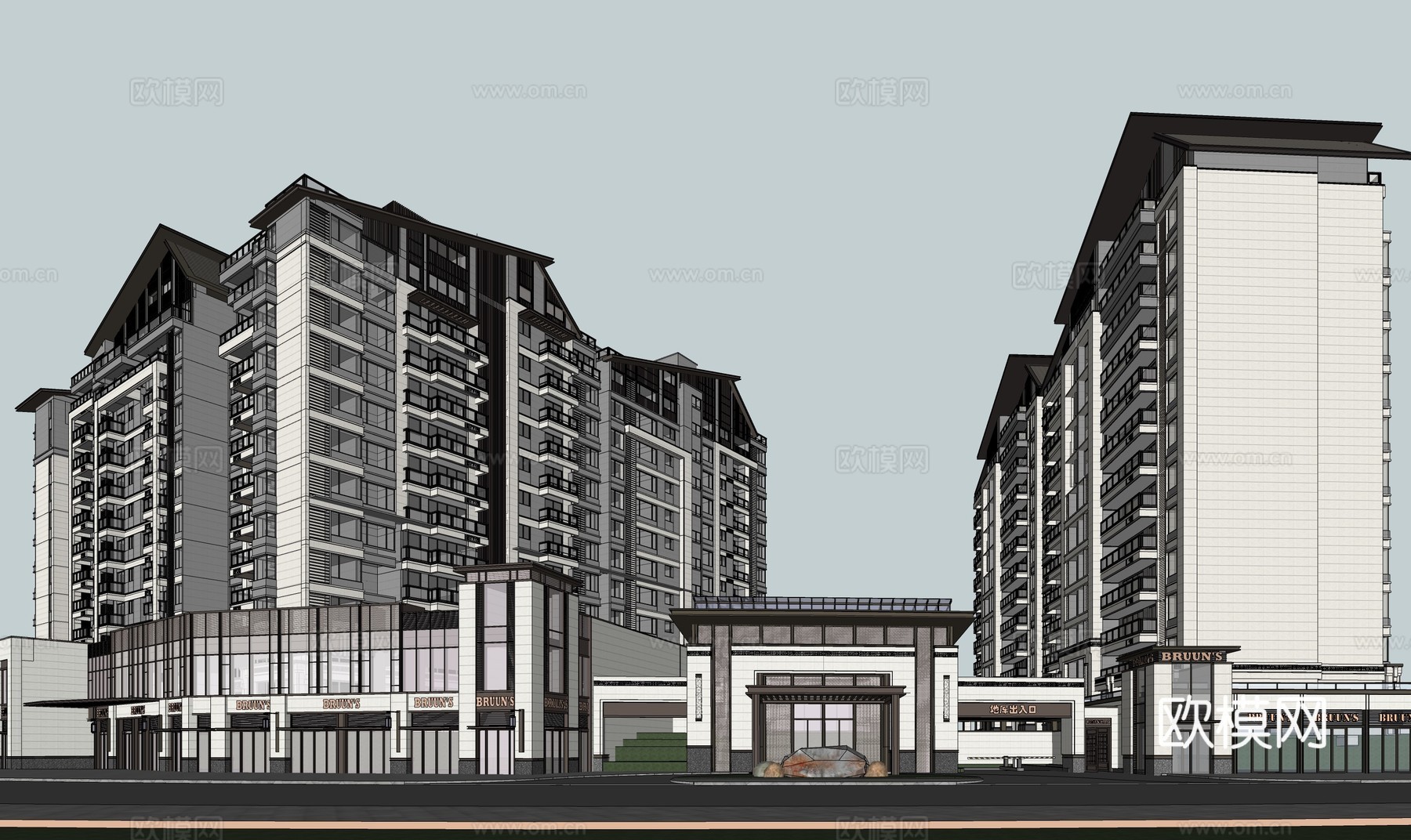新中式住宅小区外观su模型下载